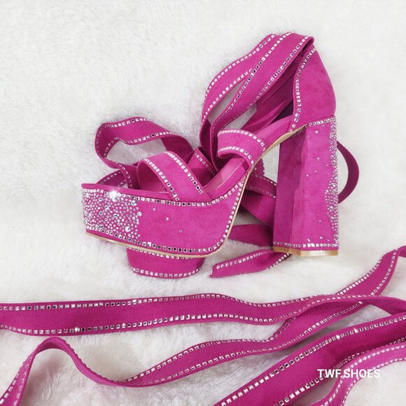 Extra Long Strap Rhinestone Platform Chunky Heel Shoes Hot Pink Fuchsia Rozie - Picture 7 of 9